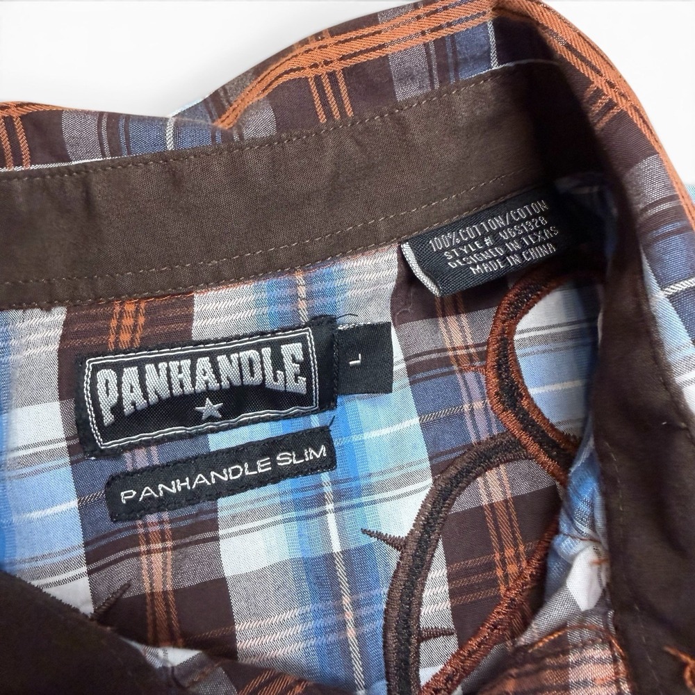 Panhandle Slim Large Shirt Western Texas Plaid Blue Brown Pearl Snaps 90 Proof - Picture 4 of 13